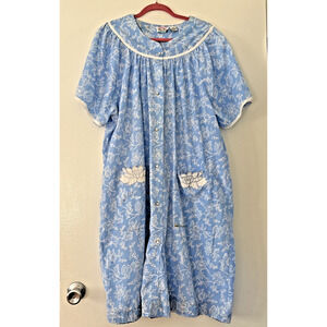 Vintage Blue White Floral Robe Snap Up Housecoat Duster Kelly Reed Woman Sz 20W